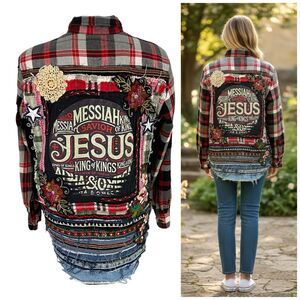 Upcycled Flannel Jacket Shacket Womens L Christian Embroidered Festival OOAK Red